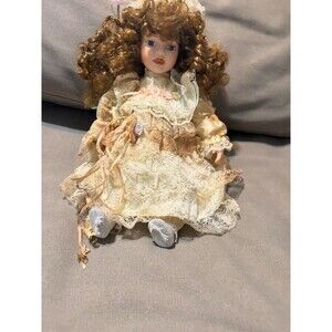 Vintage-Style Porcelain Doll – Cream Lace & Satin Dress – Curly Brown Hair